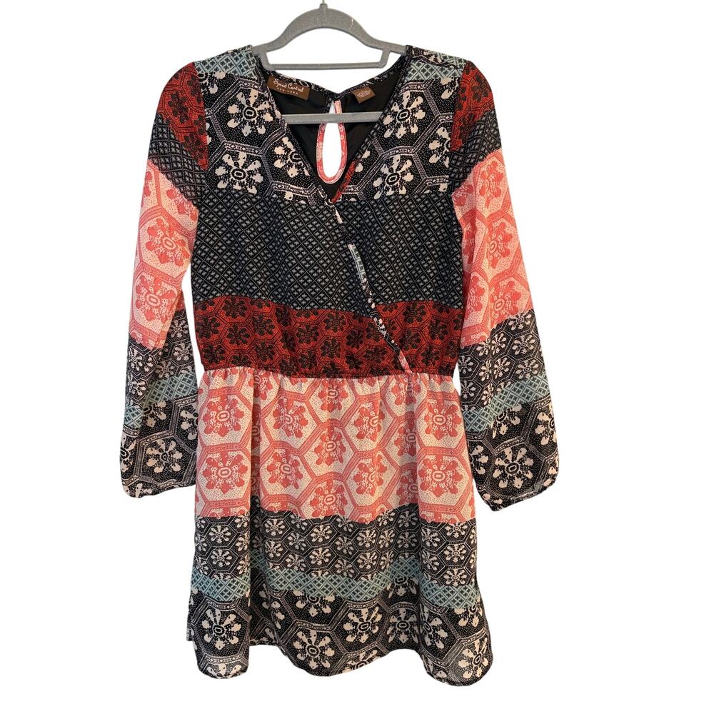 Speed Control Boho Patchwork Floral Long Sleeve Shift Dress Cottagecore Medium